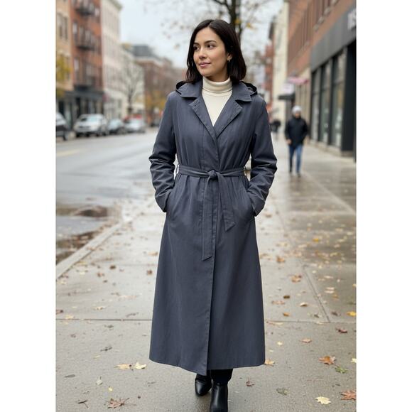 Hooded Belted Maxi Trench Coat in Blue - Picture 1 of 6
